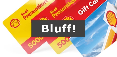 bilden visar falska presentkort för shell. presentkorten hare en text över sig som det står bluff! på.